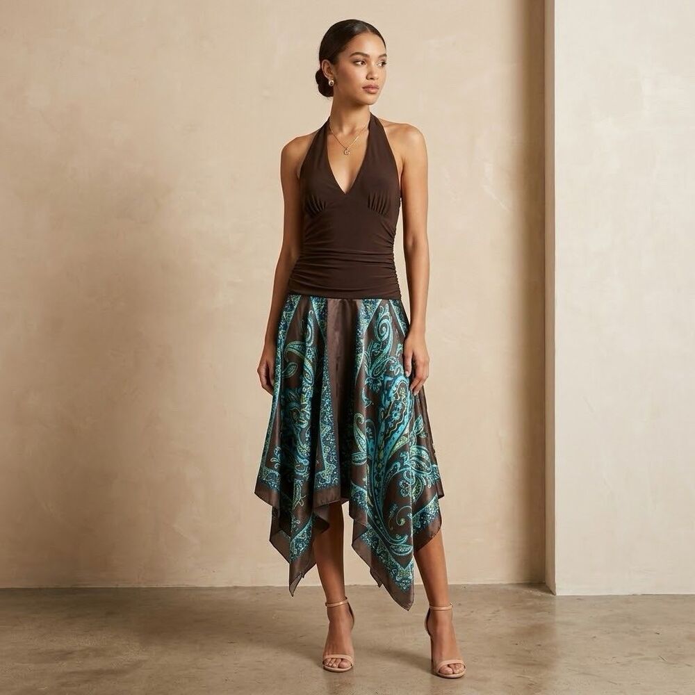 Studio Y Y2K Fairycore Halter Dress L Paisley Satin Handkerchief Hem Cocktail